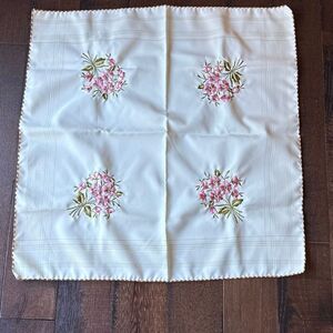 Vintage handmade napkin handkerchief cream with‎ embroidered pink flowers shabby